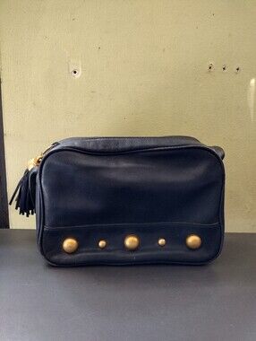 ARCHITECT blue Leather Cosmetic Pouch with Gold Studs and Tassel